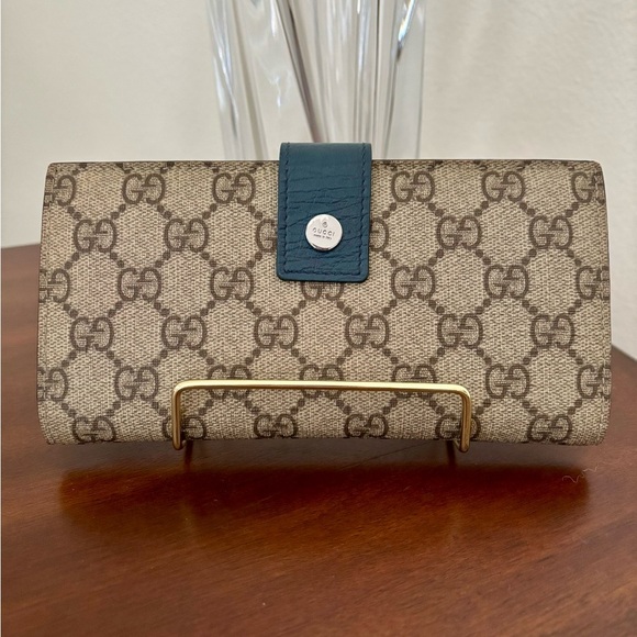 Authentic Gucci GG Guccissima Canvas/Blue Leather Long Wallet/Coin Pocket - Picture 2 of 11